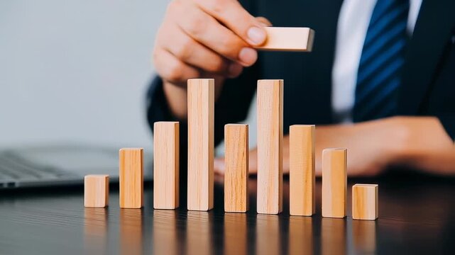 A person in a suit adjusts wooden blocks arranged in a bar graph, representing financial growth