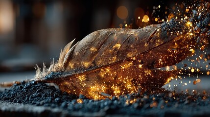 glowing phoenix feather made of embers and light, resting on a small pile of dark ash, symbolizing business rebirth and recovery from failure 