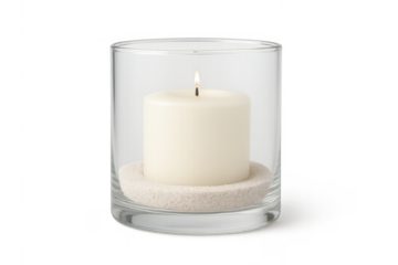Burning white wax candle in clear glass holder