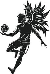 Angelic soccer player in a dynamic silhouette pose with large wings and holding a football