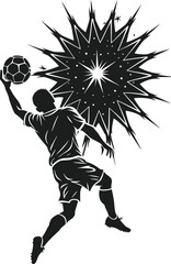 A stylized black and white silhouette of a soccer player in action against an explosive starburst graphic