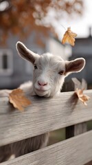 A charming young goat peeks over a rustic wooden fence surrounded by falling autumn leaves conveying a sense of peaceful countryside