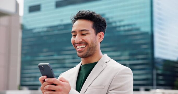 Happy, man and employee with smartphone, city and communication for real estate update and chatting. Outdoor, realtor and person with mobile for chat, typing and networking with contact for schedule