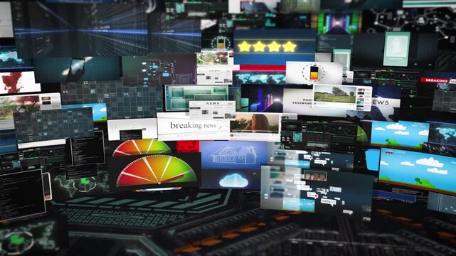Massive panoramic wall of layered multimedia panels showing global news, gaming screens, metrics, cloud symbols and digital warnings in a high‑tech environment emphasizing information overload