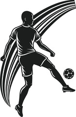 A stylized black and white illustration of a male soccer player kicking a ball with motion streaks