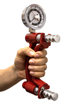Hand holding grip strength dynamometer isolated on transparent background