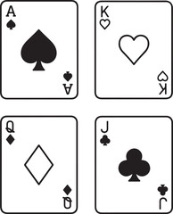 PrintFour playing cards ace king queen jack outline style