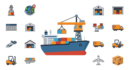 Fototapeta premium Cargo ship loading containers with a crane, surrounded by logistics icons.
