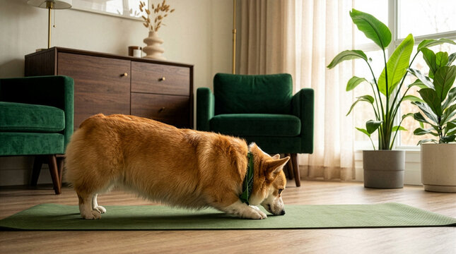 A funny, chubby corgi pet puppy dog doing yoga in a trendy home. Health and wellness, exercising concept.