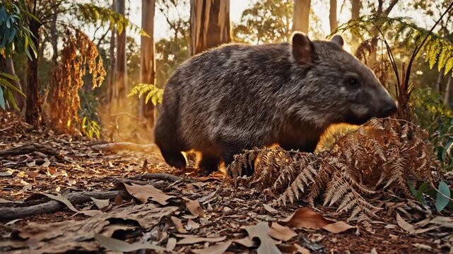 A wombat forages on sunlit forest floor as amber light filters through trees, with warm amber light