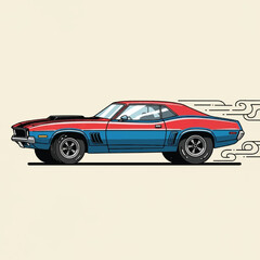 A vintage American muscle car with a red and blue two-tone paint job speeding across a light background in a stylized illustration.