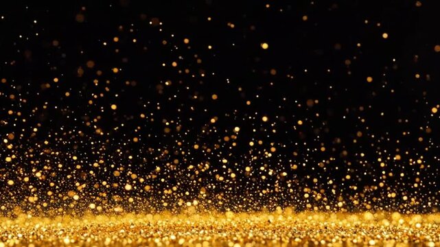 Gold dust particles flickering and rising against a black background, forming shimmering waves of motion. Elegant 4K abstract particle backdrop ideal for overlay or text placement