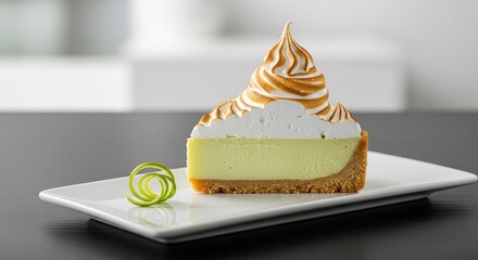 Slice of key lime pie dessert with toasted meringue and zest curl garnish on white plate
