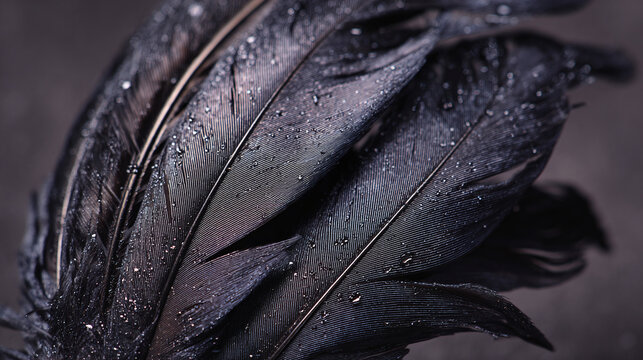 Close-up of elegant black feathers, with water droplets on them