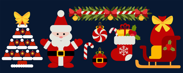 Festive set featuring Santa Claus, gift sleigh, Christmas ornaments, red stocking filled with presents, and decorated tree. Perfect for holiday cards, banners, invitations, and winter promotions