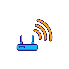Cartoon Illustration of a Blue Wireless Router with Orange Signal Waves.