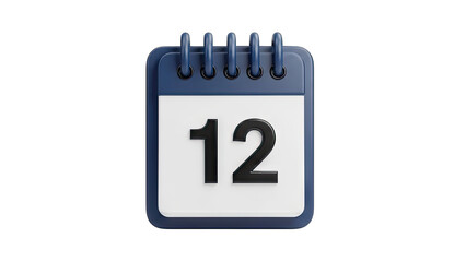 3D Blue Spiral Bound Calendar Page Displaying Number 12 With A White Background And Black Numbers Isolated On A Transparent Background