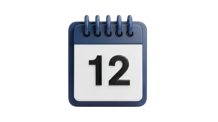 3D Blue Spiral Bound Calendar Page Displaying Number 12 With A White Background And Black Numbers Isolated On A Transparent Background