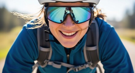Happy young woman in helmet riding bicycle with road reflection in sunglasses close up