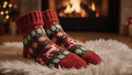 Festive Christmas Socks by the Fireplace - Cozy Holiday Scene.