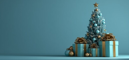Blue Christmas Tree with Gold Ornaments and Presents