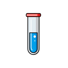 Cartoon Test Tube with Blue Liquid and Red Stopper, Laboratory Equipment.