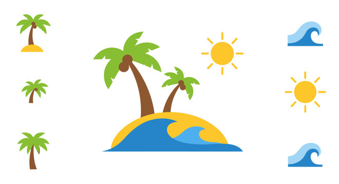 Cartoon Tropical Island with Two Palm Trees, Blue Waves, and Bright Sun.