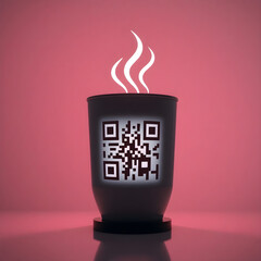 Close-Up of a Coffee Cup Shaped QR Code on a Minimalist Payment Stand