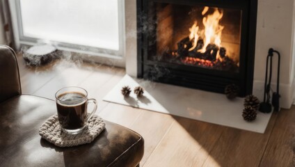 Cozy Living Room with Fireplace and Coffee Mug on a Sunny Day.