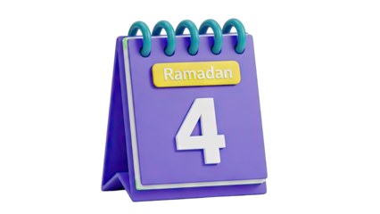 3D Calendar Page Showing Ramadan and Number 4 With Purple Pages And Yellow Header Isolated On Transparent Background
