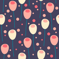 Seamless abstract floral pattern with pink and yellow pastel flowers with blue stems on violet background with  circles. Could be used as wallpaper, texture, print, fabric. 