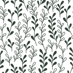 Seamless abstract floral pattern with dark green stems and leaves with outline on white background. Could be used as wallpaper, texture, print, fabric. 