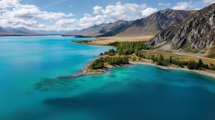 Scenic view of turquoise lake with mountains and lush greenery in New Zealand