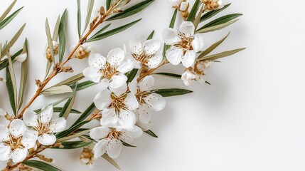 Manuka branch with white flowers and green leaves on white background  