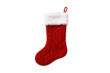 Red knitted Christmas stocking with white fluffy trim for holiday decoration