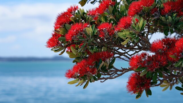 Pohutukawa tree with vibrant red blossoms by the ocean in New Zealand  