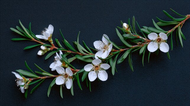 White Manuka flower branch with green leaves on dark background  