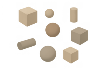 Beige 3d basic geometric shapes floating, including cubes, spheres, and cylinders, on a transparent background