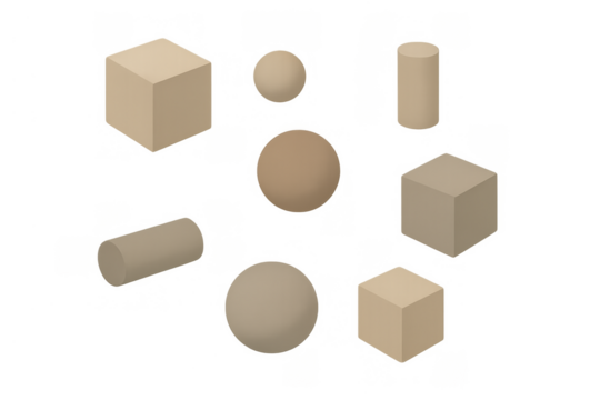 Beige 3d basic geometric shapes floating, including cubes, spheres, and cylinders, on a transparent background - Powered by Adobe
