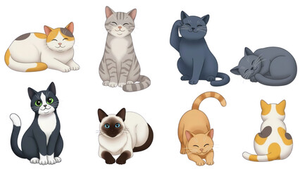 Cute cartoon cat vector illustration set. Funny kitten characters collection in different poses isolated on white background.