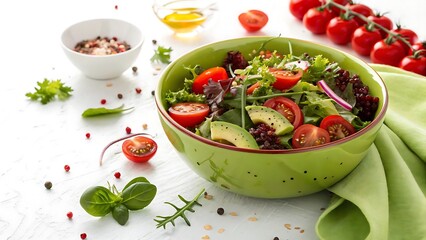A colorful and nutritious avocado and cherry tomato salad served in a bright green bowl