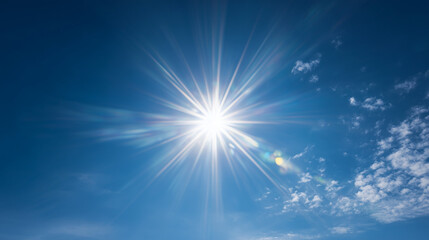 快晴の青空に輝くまぶしい太陽とレンズフレア
