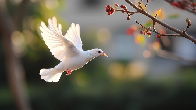 White dove in graceful flight with glowing wings near a budding branch at sunset