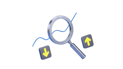 Magnifying Glass Examining Growth Chart with Up and Down Arrows
