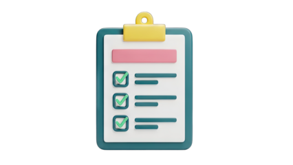 3D Cartoon Style Checklist Clipboard With Pink Label and Green Checkmarks on Transparent Background