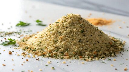 Spices and herbs arranged on a wooden board for cooking and meal preparation
