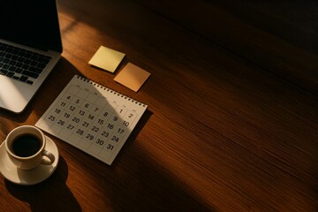 Top view of wooden desk with spiral calendar, laptop, sticky notes and cup of coffee in warm sunlight, concept of schedule planning and productive workday.