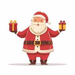 Cheerful cartoon Santa Claus character holding two wrapped holiday gift boxes isolated on white background