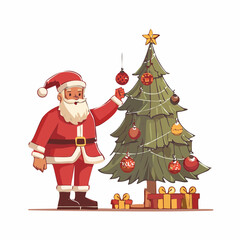 Cheerful cartoon Santa Claus decorating a festive Christmas tree with ornaments and presents below