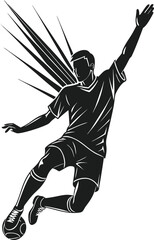 A dynamic black and white illustration depicting a soccer player in mid-air action with the ball